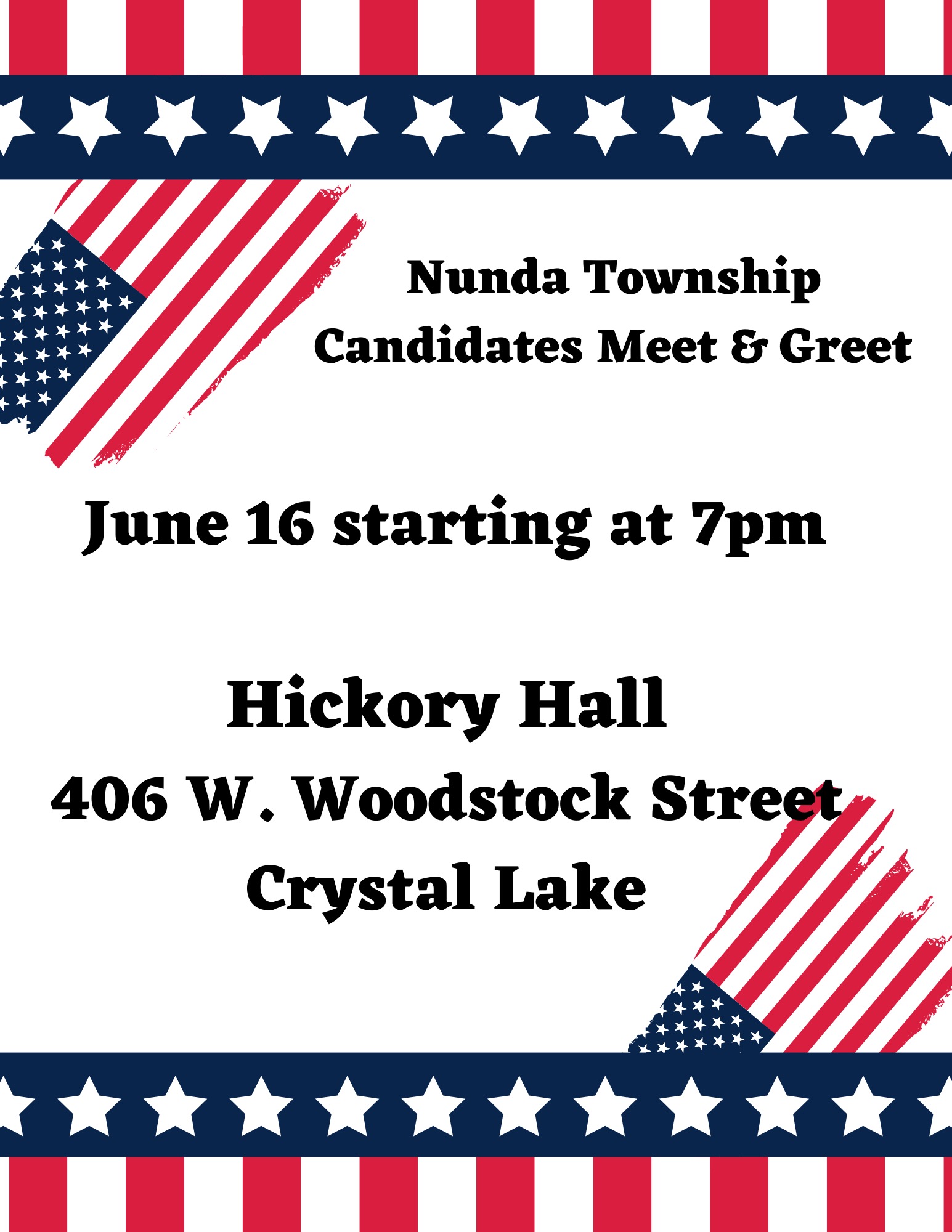 nunda township meet and greet June 16 at 7pm, hickory hall in crystal lake